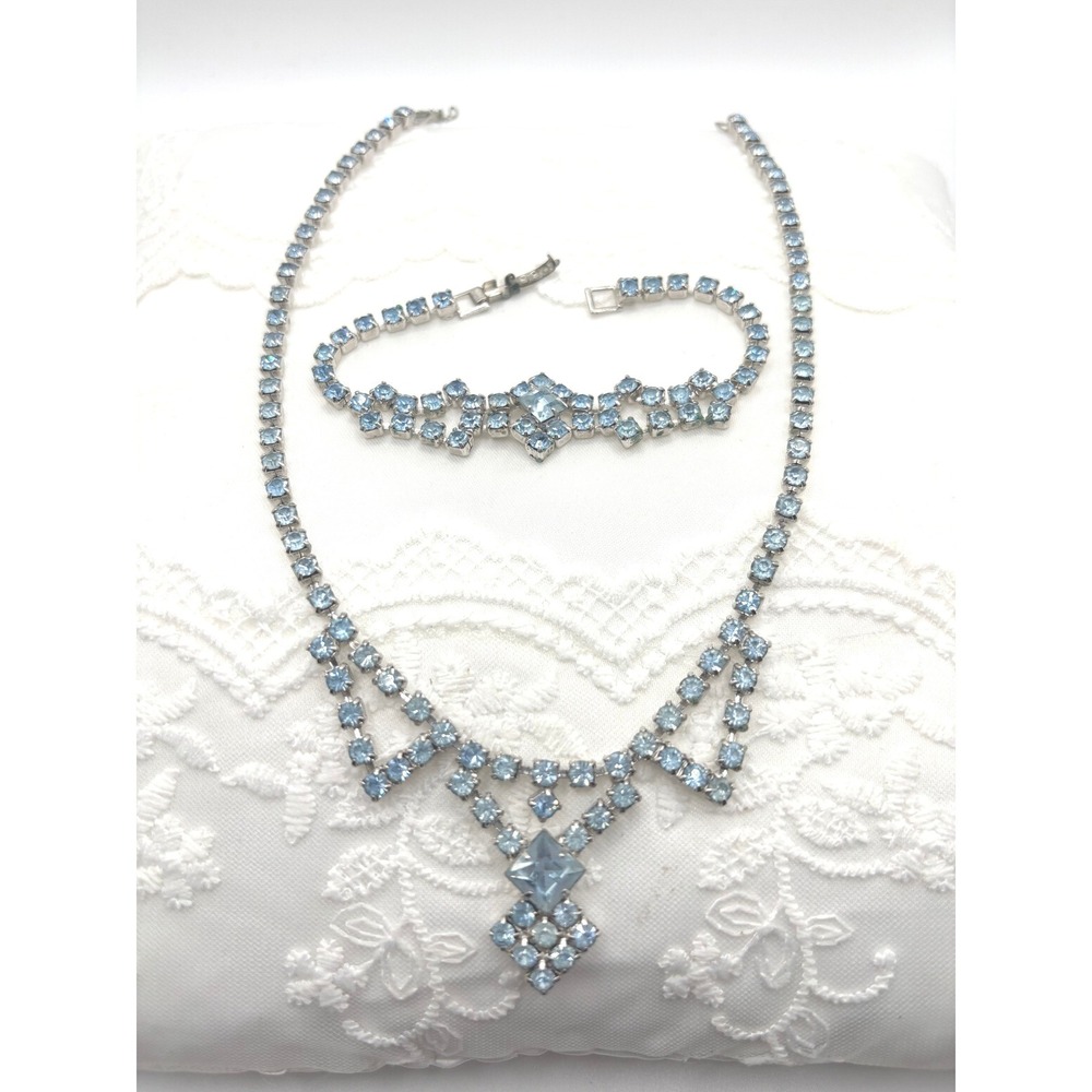 Vintage Light Blue Rhinestone Necklace and Bracelet Set Silver Tone Art Deco